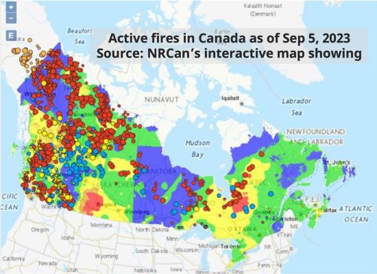 Graphical representation of Canada's 2023 wildfire impact, showing maps with fire locations and affected areas, highlighting Bayes Studio's commitment to innovative wildfire solutions.