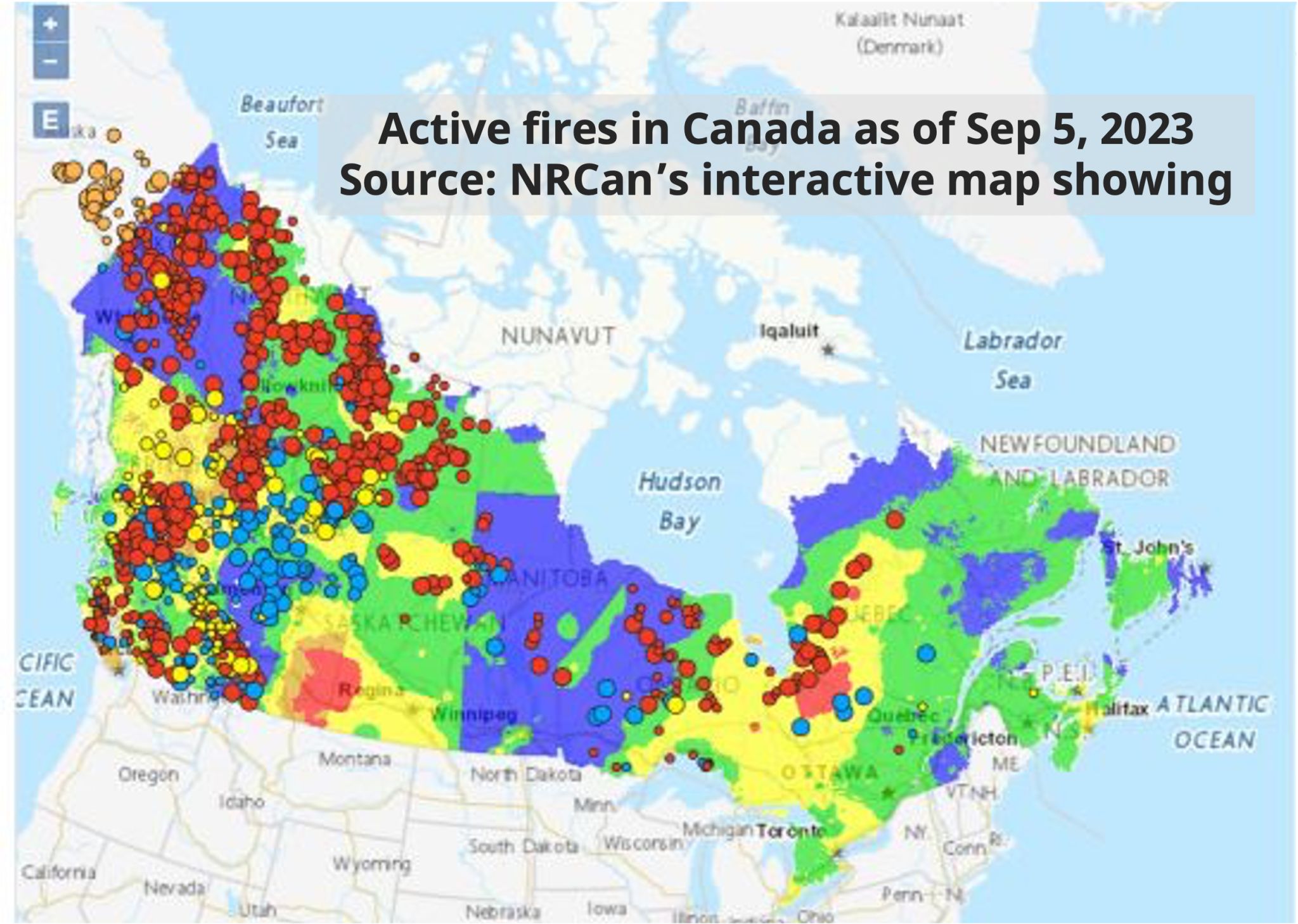 Graphical representation of Canada's 2023 wildfire impact, showing maps with fire locations and affected areas, highlighting Bayes Studio's commitment to innovative wildfire solutions.