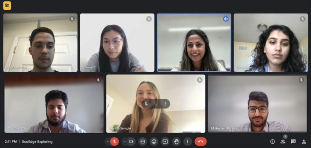 A six-person virtual video conference grid showing team members