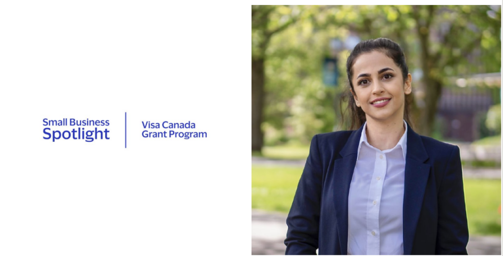 Graphic for the Small Business Spotlight featuring a portrait of Bayes Studio Co-Founder Maryam Parizi on the right, and text on the left reading "Small Business Spotlight | Visa Canada Grant Program