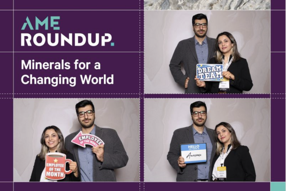 four-panel photo booth grid from AME Roundup featuring Bayes Studio team members posing with event props displaying slogans including "Minerals for a Changing World," "Dream Team," "Employee of the Month," and "Hello My Name Is Awesome."