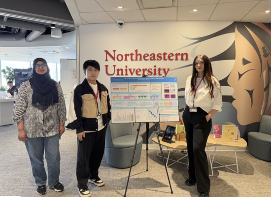 Researchers Sarvin Shahir, Qingyi Ji, and Dr. Qurat-ul-Ain Azim stand alongside a research presentation poster titled "Lightning Detection & Biodiversity Monitoring for Edge Devices" in front of the Northeastern University wall sign