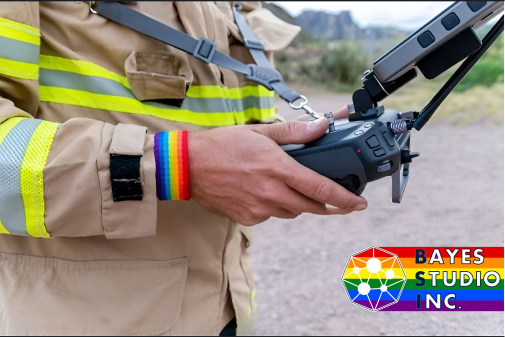 A firefighter wearing a protective uniform and a rainbow Pride wristband operates a UAV drone remote controller outdoors next to a rainbow-themed Bayes Studio Inc. logo.
