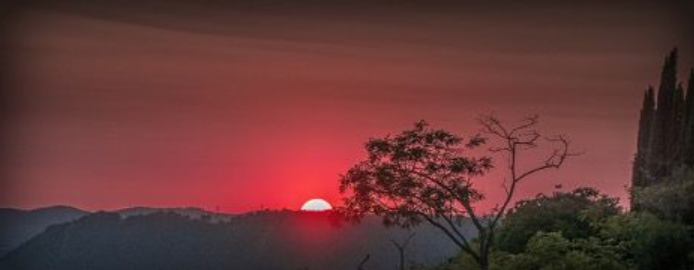 A scenic sunset view over a distant mountain ridge with the sun setting against a deep red and pink sky, framed by silhouetted trees in the foreground.