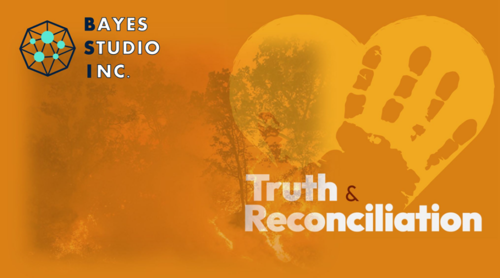 A graphic with an orange background showing a silhouetted forest with flames and smoke on the left, alongside the Bayes Studio Inc. logo, and on the right, an orange heart featuring a handprint icon with the text "Truth & Reconciliation".