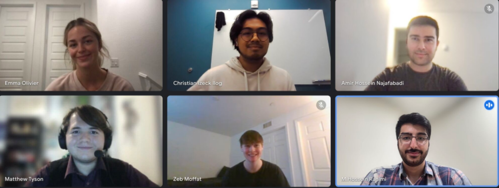 Six-panel virtual meeting screen showing Arizona State University software engineering graduate students and a Bayes Studio team member during a technical collaboration session.