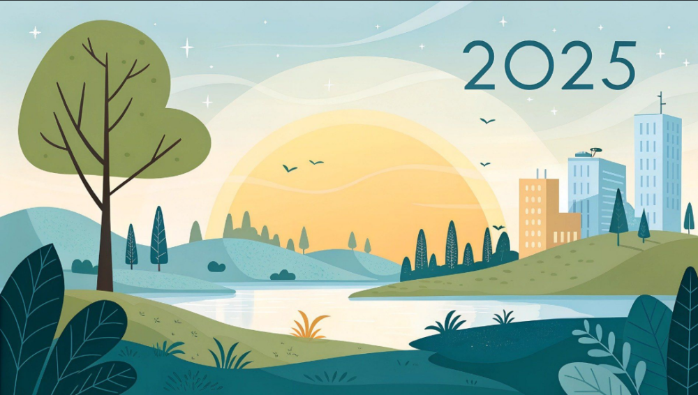 A flat-vector digital illustration representing 2025, featuring a peaceful lake landscape with trees and green hills on the left transitioning into a modern city skyline on the right under a rising sun.
