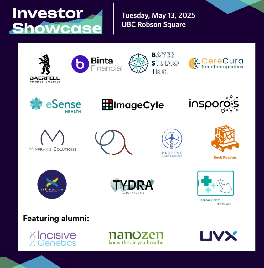Event announcement banner for the Innovation UBC Investor Showcase on Tuesday, May 13, 2025 at UBC Robson Square, displaying participating venture logos including Bayes Studio Inc.