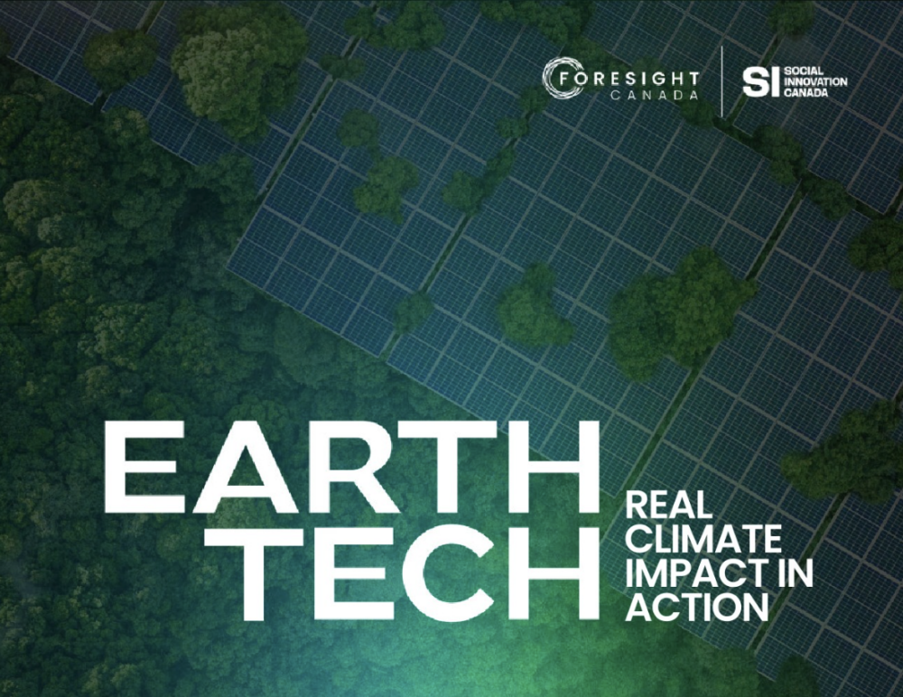 Title graphic for "Earth Tech: Real Climate Impact in Action" over an aerial forest and solar panel background.