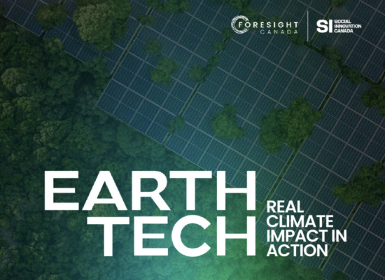 Title graphic for "Earth Tech: Real Climate Impact in Action" over an aerial forest and solar panel background.