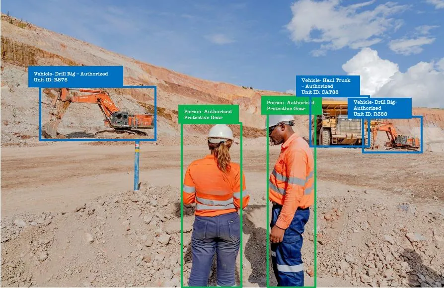 The Bayes control panel tagging two workers at an open pit as authorised with protective gear, and a drill rig, a haul truck and a second rig as authorised vehicles.
